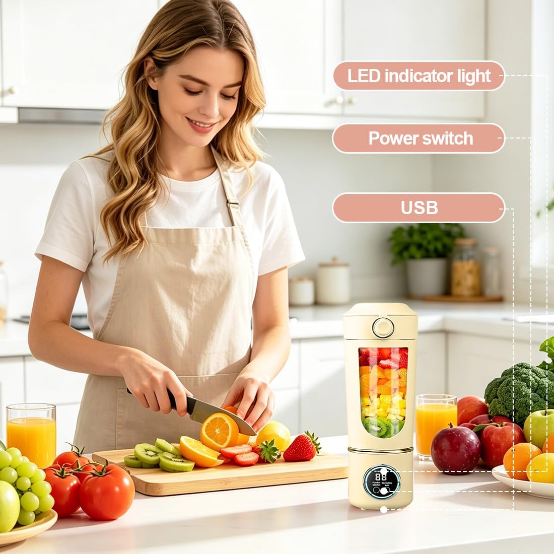 Tragbarer Mixer, Mini-Standmixer, kleiner Entsafter, Smoothie-Maker mit Silikon-Strohhalm, USB-Ladegerät Smoothie Maker, 400ml KleinerMixer mit 12 Edelstahlklingen, für Zuhause/Küche (Beige) – Bild 6