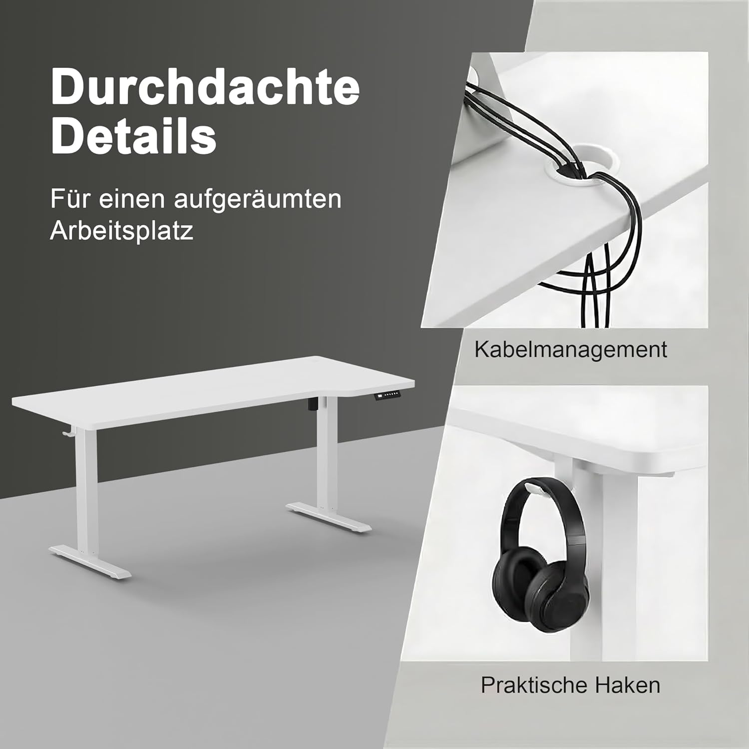 JUMMICO Höhenverstellbarer Schreibtisch 180 x 80 cm, L-Form, Gaming-Tisch, elektrisch, höhenverstellbar, Ergonomie, Bürotisch mit 4-Memory-Funktion und Kabelmanagement, große Monitorfläche, stehend – Bild 8