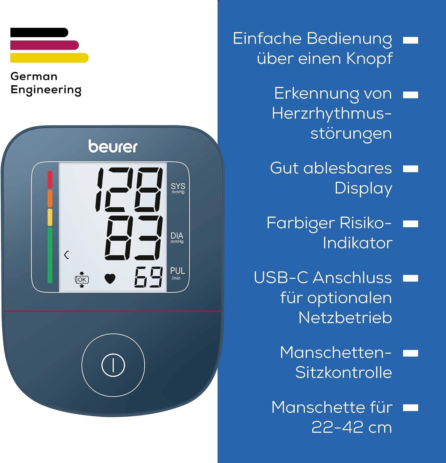 Beurer BM 25 Oberarm-Blutdruckmessgerät, einfache Ein-Knopf-Bedienung, genaue Messung, Arrhythmie-Erkennung, mit USB-C-Anschluss, Manschette, Datenübertragung an Apple Health und Co., Blau – Bild 8