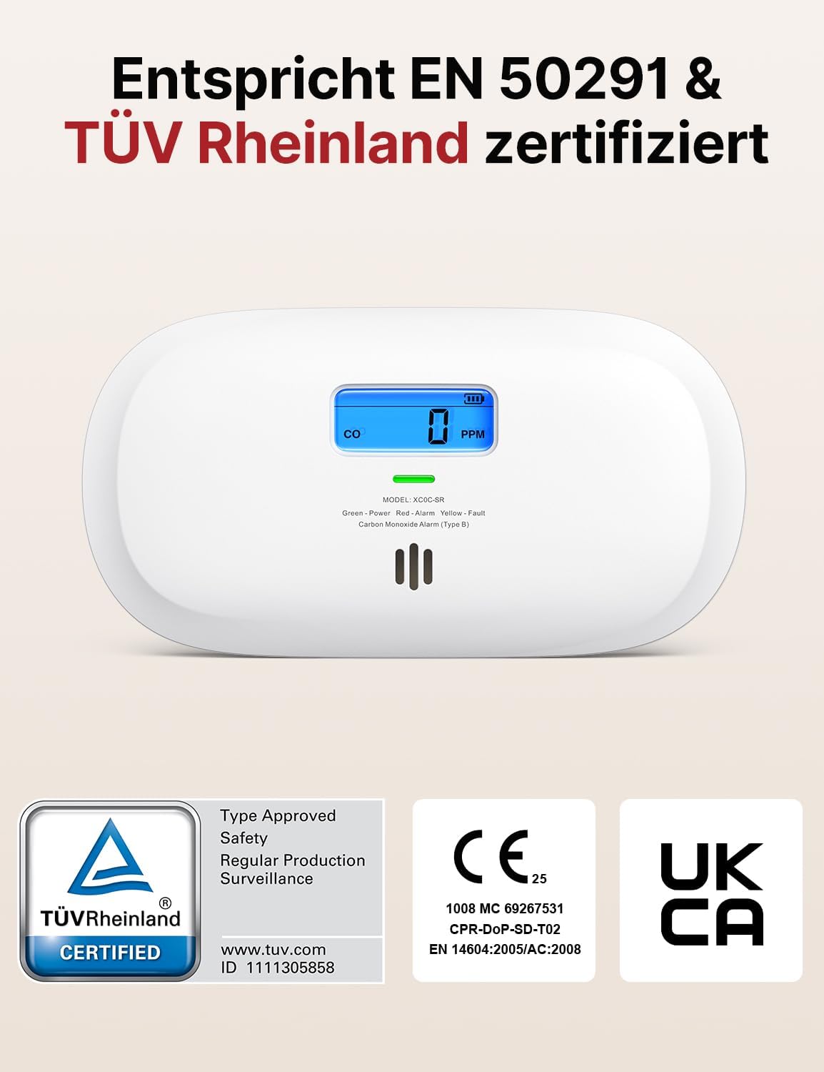 X-Sense XC0C-SR Kohlenmonoxidmelder, TÜV Rheinland zertifiziert, 10-Jahres-Sensor, CO-Melder mit austauschbarer Batterie und Digitalanzeige, Kohlenmonoxidmelder mit Testtaste – Bild 2