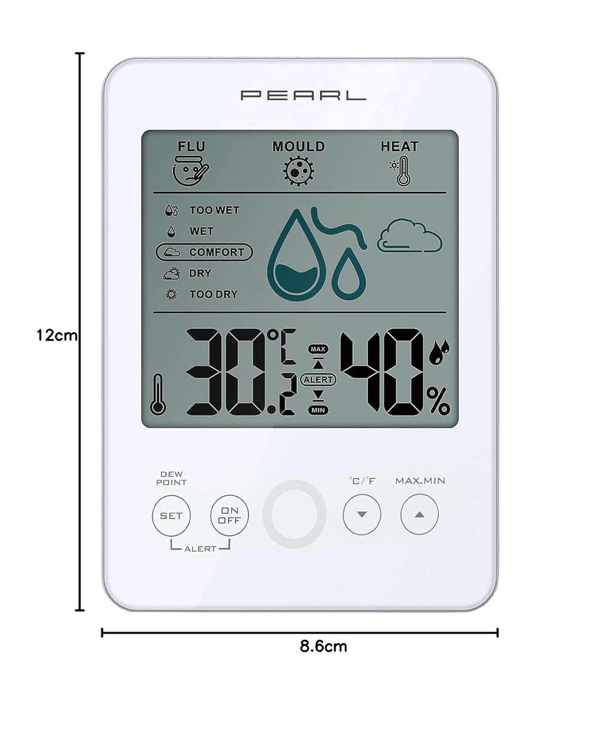 PEARL Digitales Hydrometer: Digitales Hygro-/Thermometer mit Schimmelalarm und Komfortanzeige, weiß (Hygrometer mit Schimmelalarm, Luftfeuchtigkeitsmesser, Auto) – Bild 8