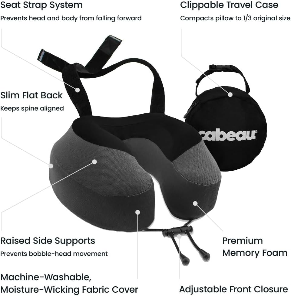 Cabeau Evolution S3 Reisekissen – lässt sich mit Gurten am Flugzeugsitz befestigen – sorgt dafür, dass Ihr Kopf nicht nach vorne fällt – entspannen Sie sich mit weichem Memory-Schaum – schnell trocknender Stoff hält Sie kühl und trocken (Indigo) – Bild 3