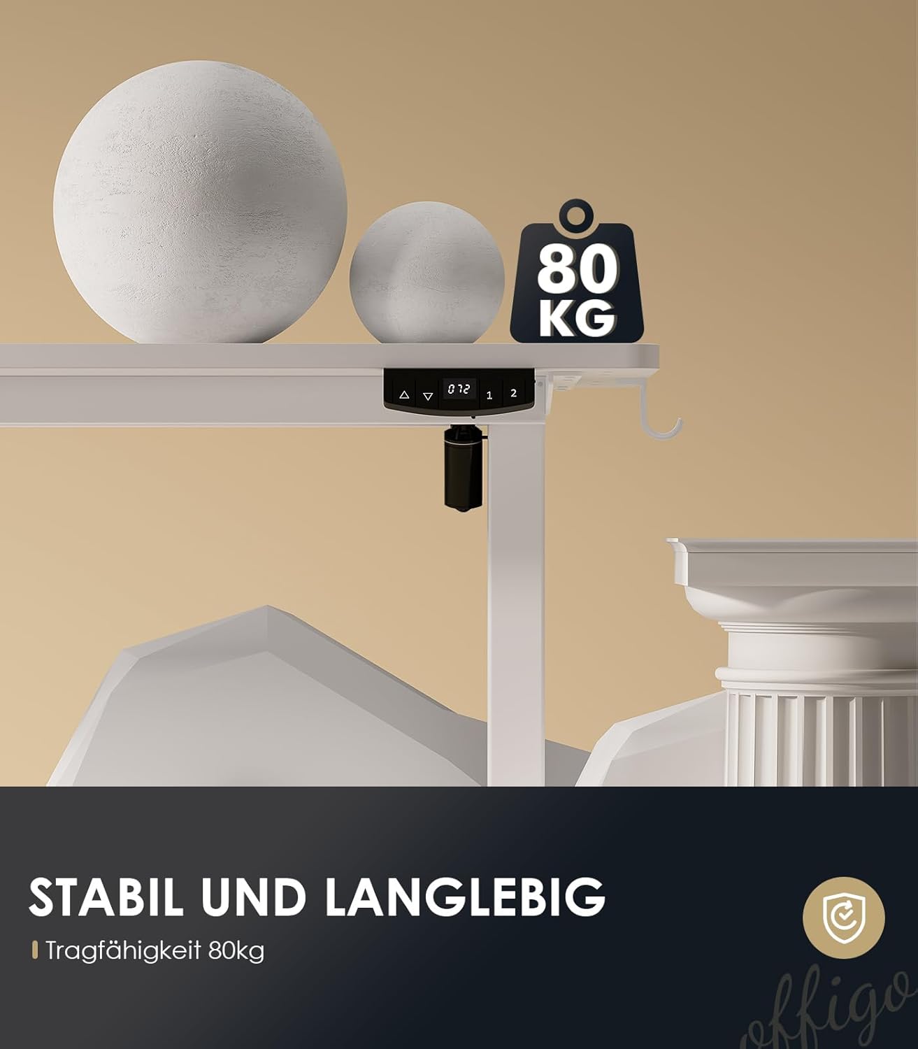 OffiGo höhenverstellbarer Schreibtisch, 160 x 80 cm, elektrischer Schreibtisch mit Steckdosen und USB-Ladeanschluss, Tisch höhenverstellbar mit 2 Memory-Funktionen, Computertisch für Büro, Zuhause, weiß – Bild 5