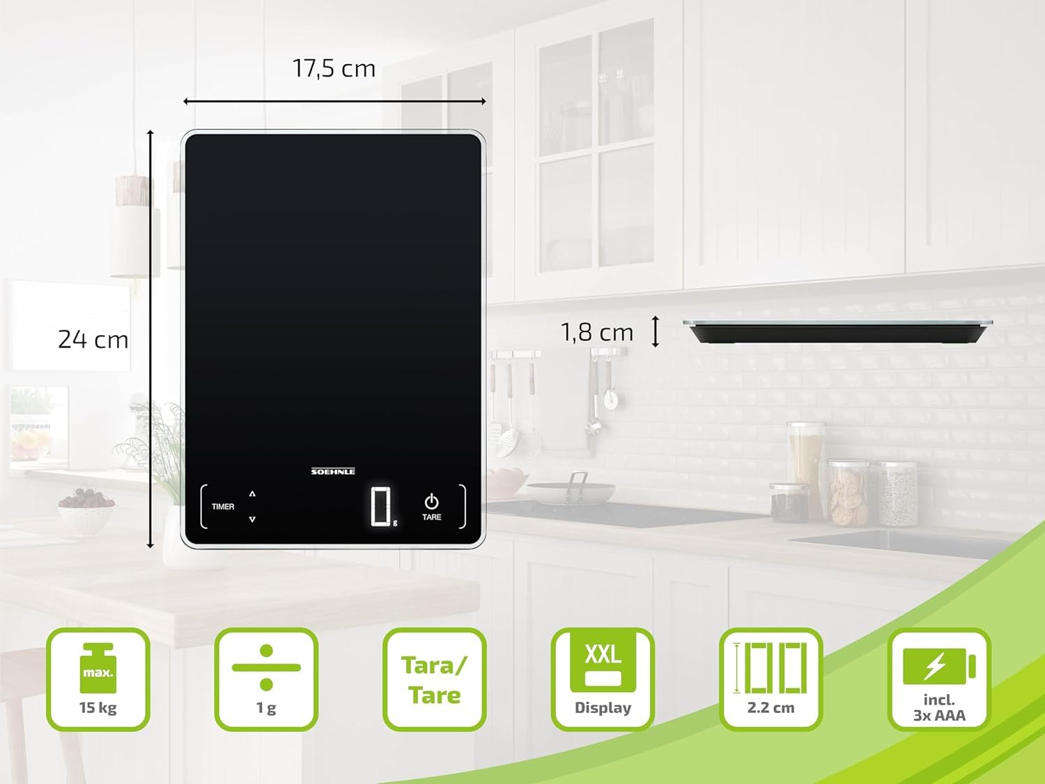 Soehnle Page Electronic Profi Digitale Haushalts-Küchenwaage Silber Gewicht bis 15 kg mit 1 g Genauigkeit Waage mit patentierter Sensor-Touch-Funktion inkl. Batterien – Bild 7