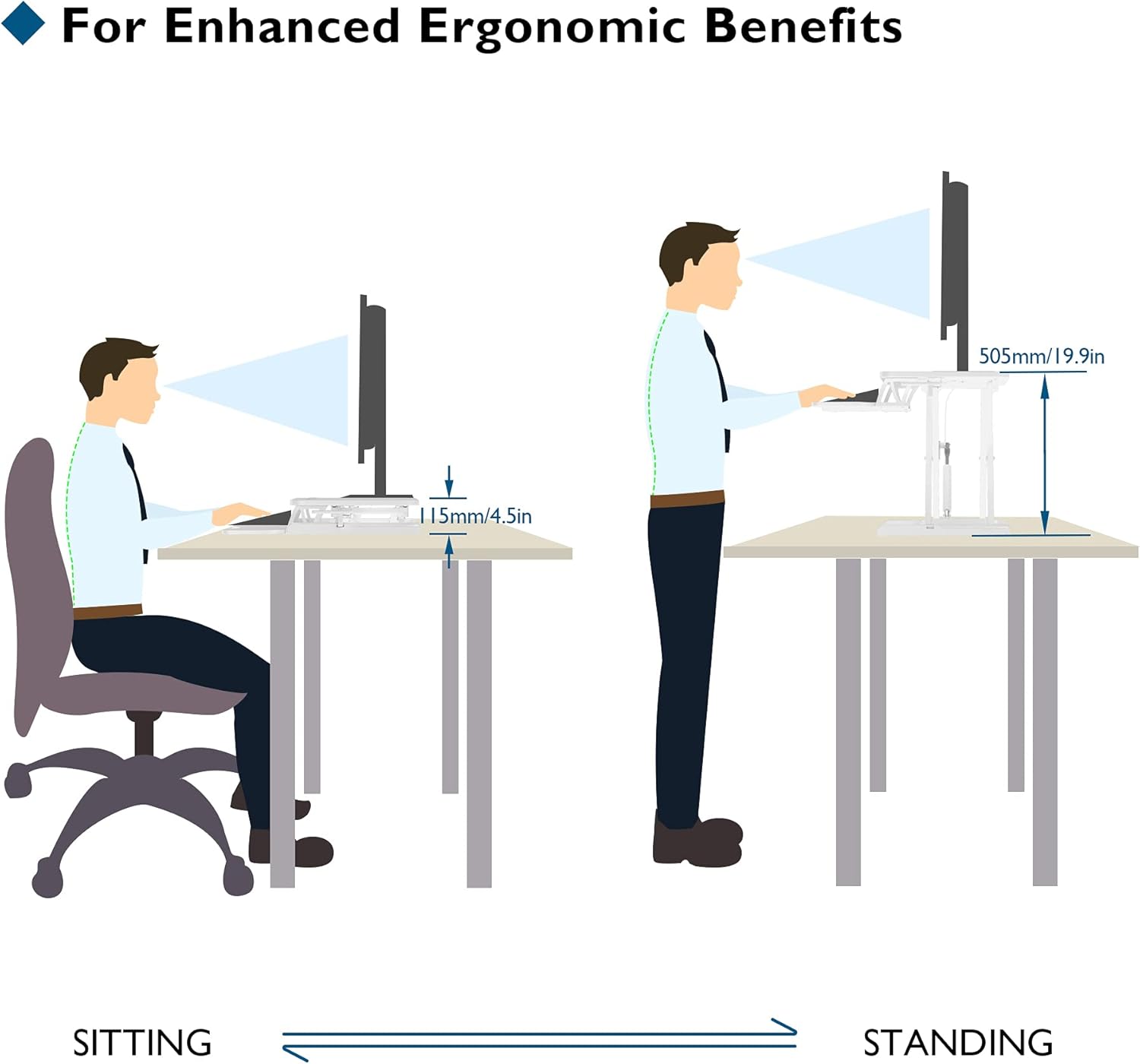 BONTEC Stehsitz, Schreibtisch, Stehpult, Stehpult, ergonomisch höhenverstellbar für PC-Computerbildschirm, Laptop, 80 x 40 cm große Plattform mit Tastaturablage, 15 kg Tragkraft, weiß – Bild 4