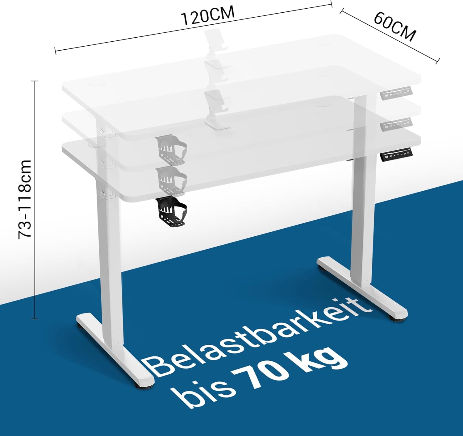 Höhenverstellbarer Schreibtisch, elektrischer Stehpult, Büro-Computertisch mit USB-C-Ladeanschluss und Memory-Funktion, Weiß Pro, 120 x 60 cm – Bild 3