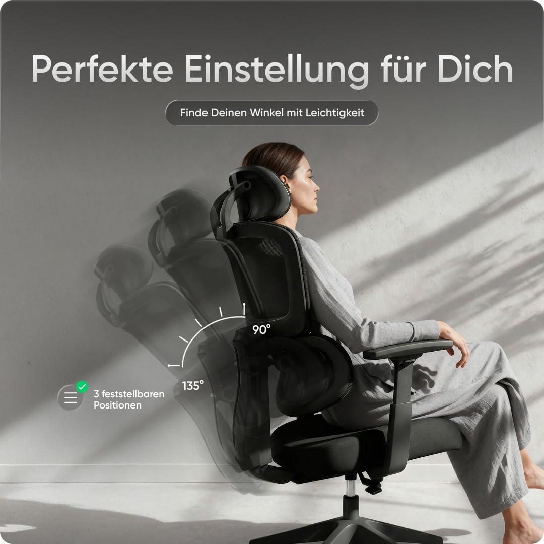 Ergonomischer Bürostuhl Move für das Home Office bis 150 kg – Schreibtischstuhl mit intelligenter Lordosenstütze, 3-stufiger Neigung & höhenverstellbarer Rückenlehne, Bürodrehstuhl (Schwarz) – Bild 7