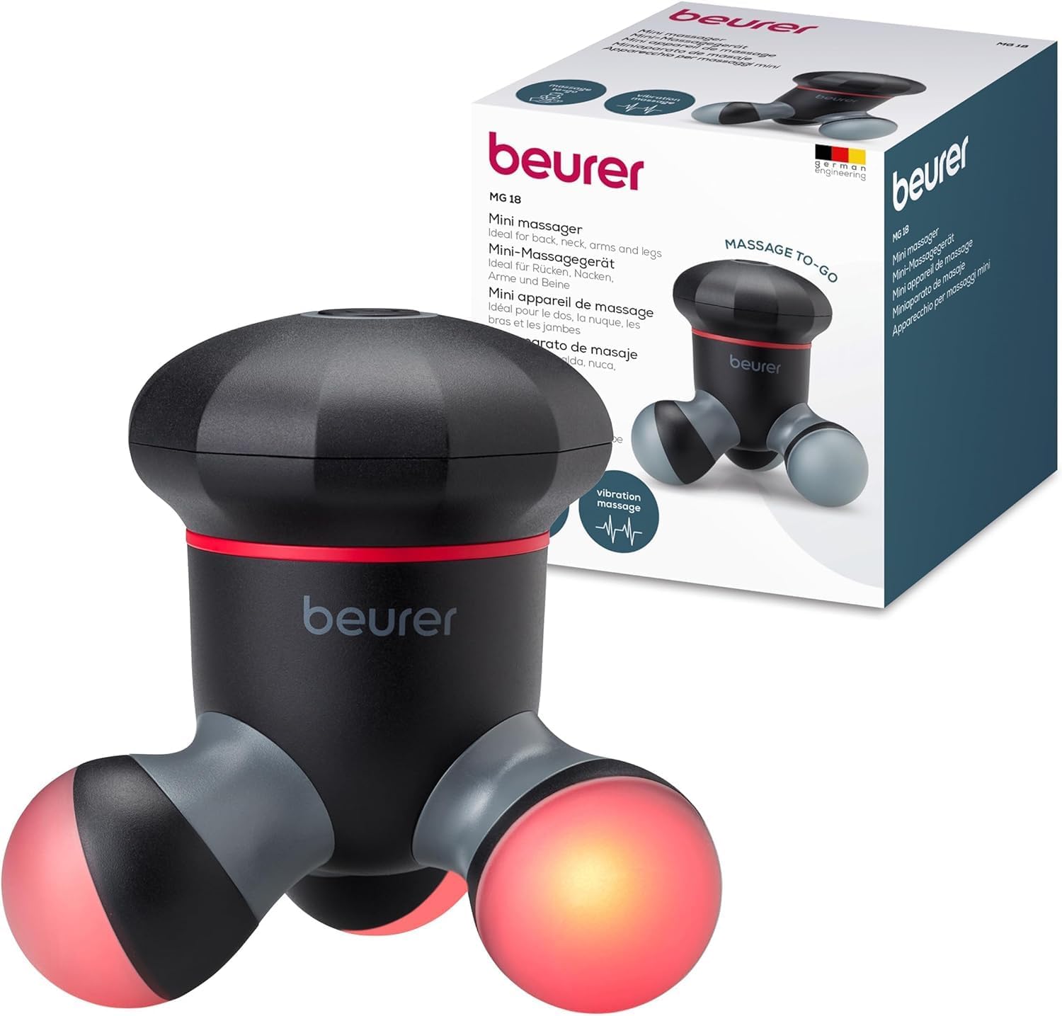 Beurer MG 18 Mini-Handmassagegerät, elektrisch, für sanftes Vibrationsmassagegerät, ideal für Rücken, Nacken, Arme und Beine, mit LED-Licht, tragbar, schwarz