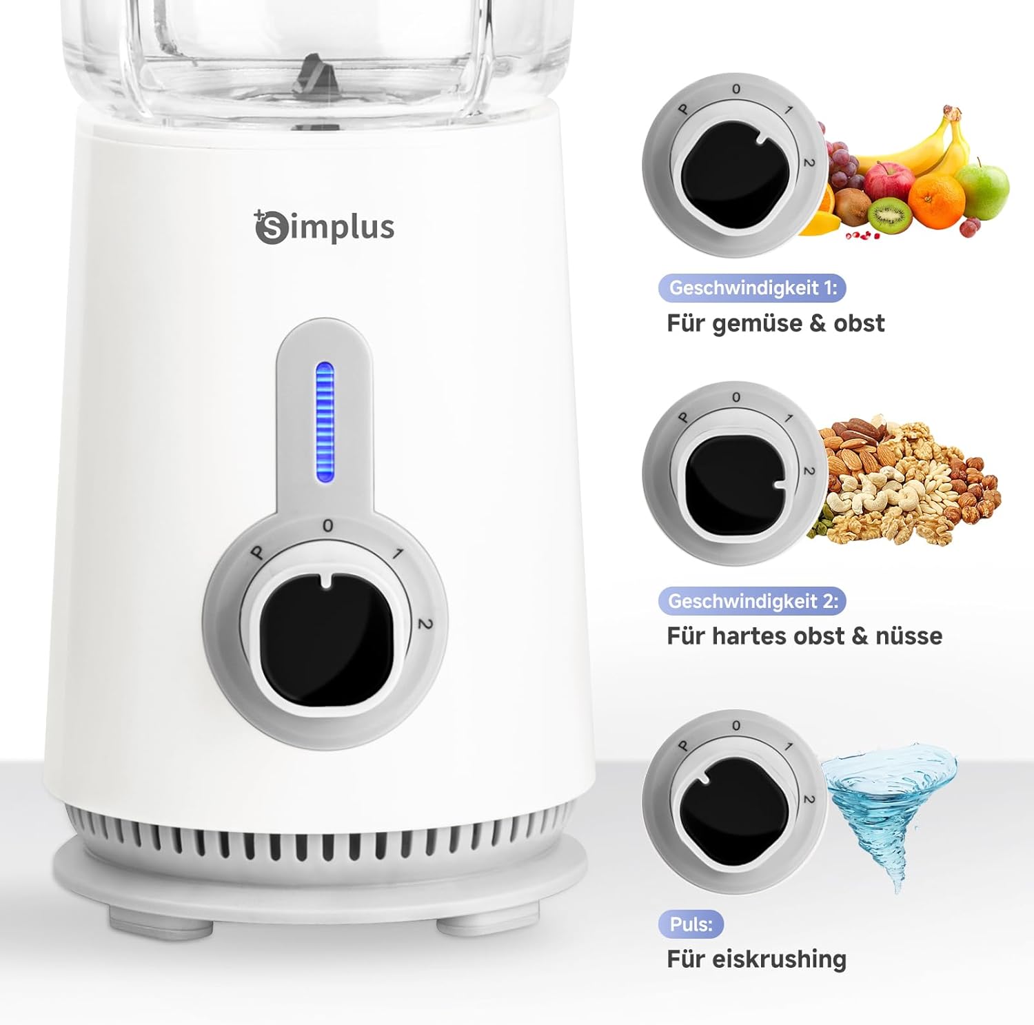 SIMPLUS 3-in-1-Standmixer & Smoothie-Maker mit 1,25-l-Rührbecher, 500-ml-Fleischwolf und 300-ml-Mahlbecher, 3 Geschwindigkeitsstufen mit Pulse-Funktion, Edelstahlmesser – Bild 6