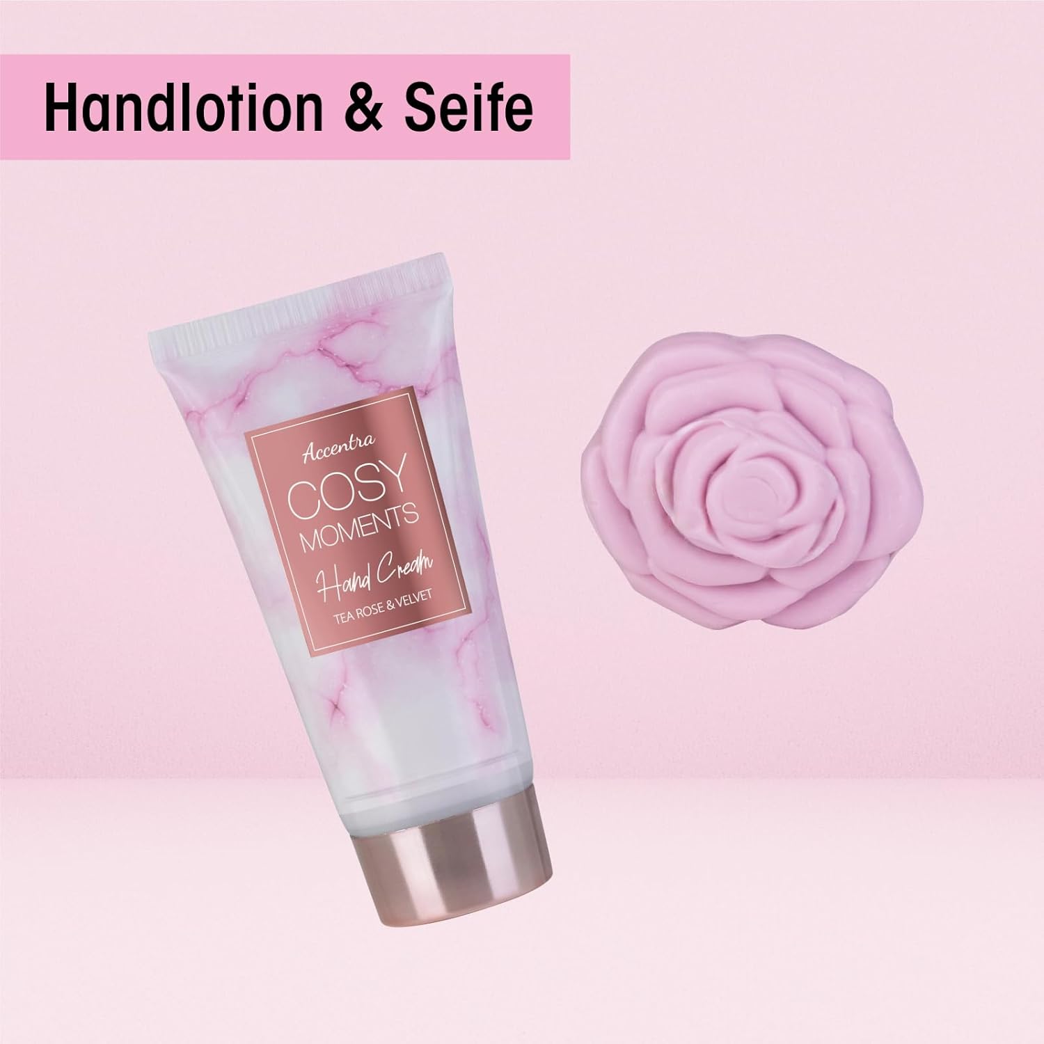 Accentra Cozy Moments Badeset, Geschenkset für Frauen mit 150 ml Duschgel, 150 ml Schaumbad, 150 g Badesalz, 90 g Badebombe, 60 ml Handcreme, 30 g Seife und 15 g Netzschwamm in glänzender Badewanne – Bild 6