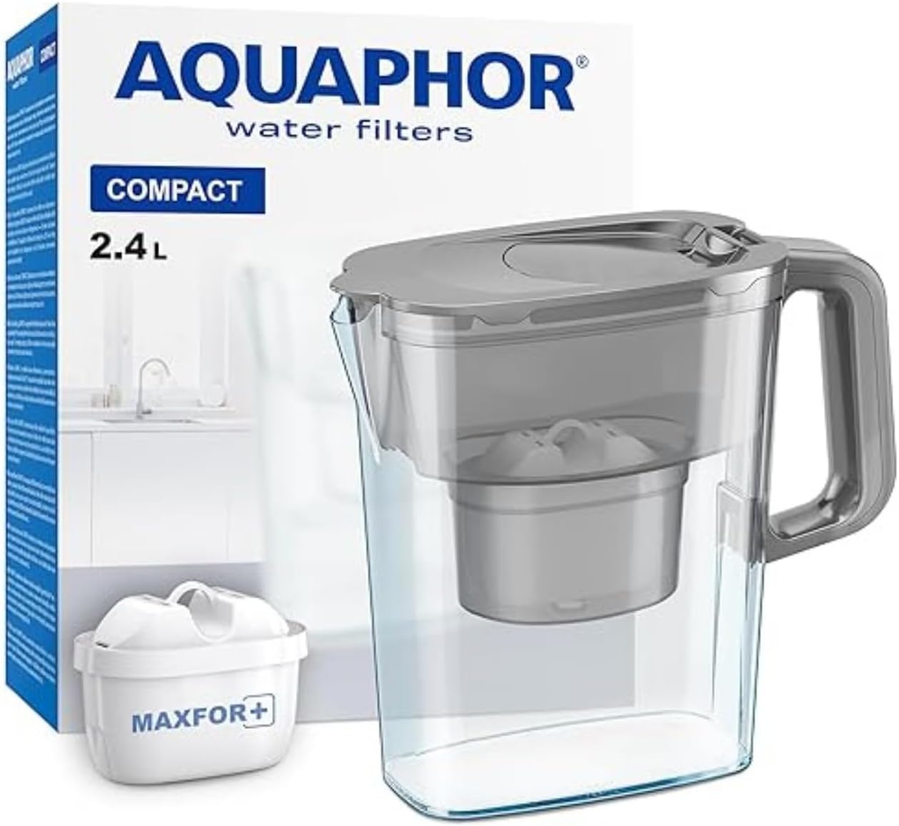 AQUAPHOR Kompakter Wasserfilterkrug mit 1 Maxfor+ Kartusche, 2,4 l, Grau, ideal für die Kühlschranktür und kleine Küchen