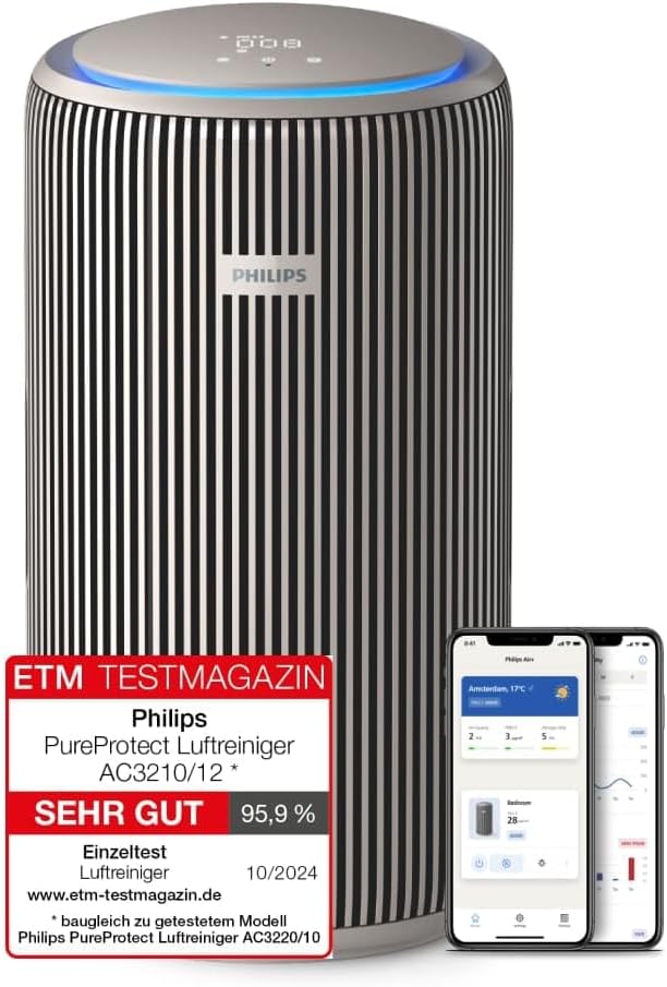 Philips PureProtect 3200-Serie: Intelligenter Luftreiniger, HEPA- und Aktivkohlefilter, CADR 500 m³/h für 130 m², extrem leise und energieeffizient, fängt 99,97 % Allergene ein (AC3210/12)