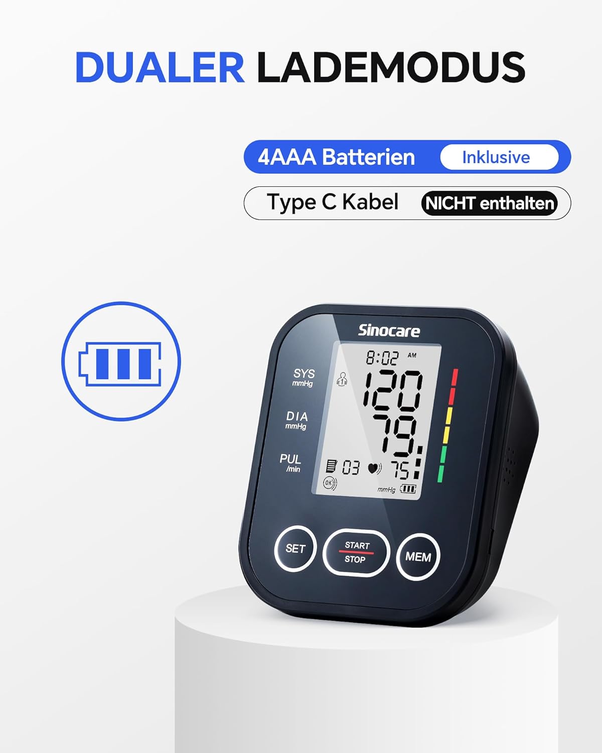 Sinocare Oberarm-Blutdruckmessgerät – klinisch validiert, 2 x 99 Speicher für 2 Benutzer, Ein-Knopf-Bedienung, XL-Manschette (22–42 cm), Arrhythmie-Erkennung – Bild 5