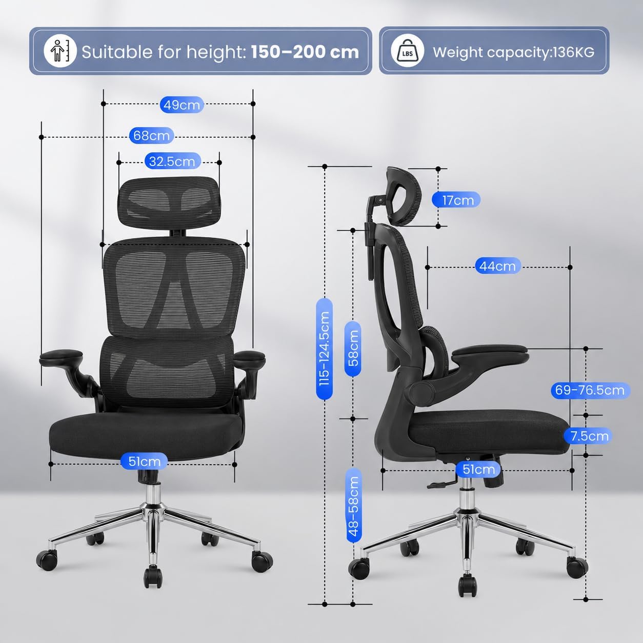 FLEXISPOT Ergonomischer Bürostuhl, Schreibtischstuhl mit 2D-Kopfstütze, klappbaren Armlehnen & dynamischer Lordosenstütze, Stuhl mit 120°-Wippfunktion für Home Office, Arbeitszimmer, Büro (Schwarz) – Bild 2
