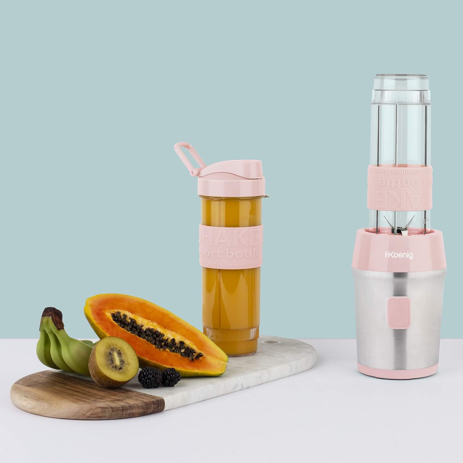H.Koenig Mini Smoothie Maker Standmixer, Mixer elektrisch, tragbar, kompakt, 570 ml, SMOO12, BPA-frei, leistungsstark 300 W, Smoothie-Mixer 2 tragbare Flaschen, Edelstahlklingen, Pastellrosa – Bild 2