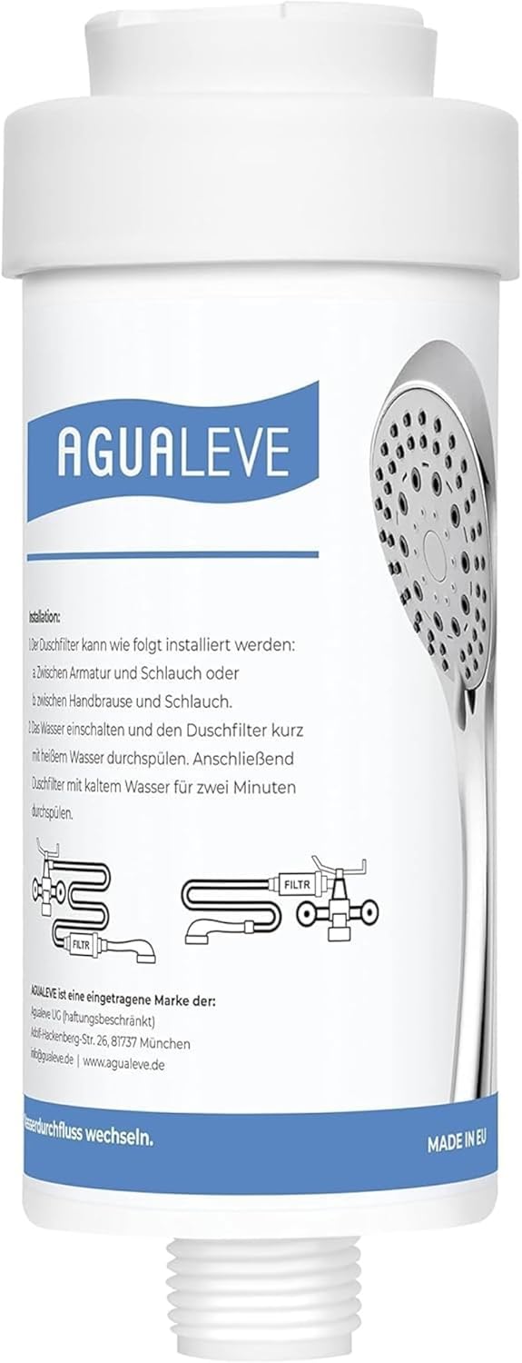 AGUALEVE Duschfilter, Wasserfilter, Dusche, in weiß, gegen Kalk, Schwermetalle, Chlor, Schmutz, wirkt bakteriostatisch, schönere Haut und Haare, Markenqualität, hergestellt in der EU