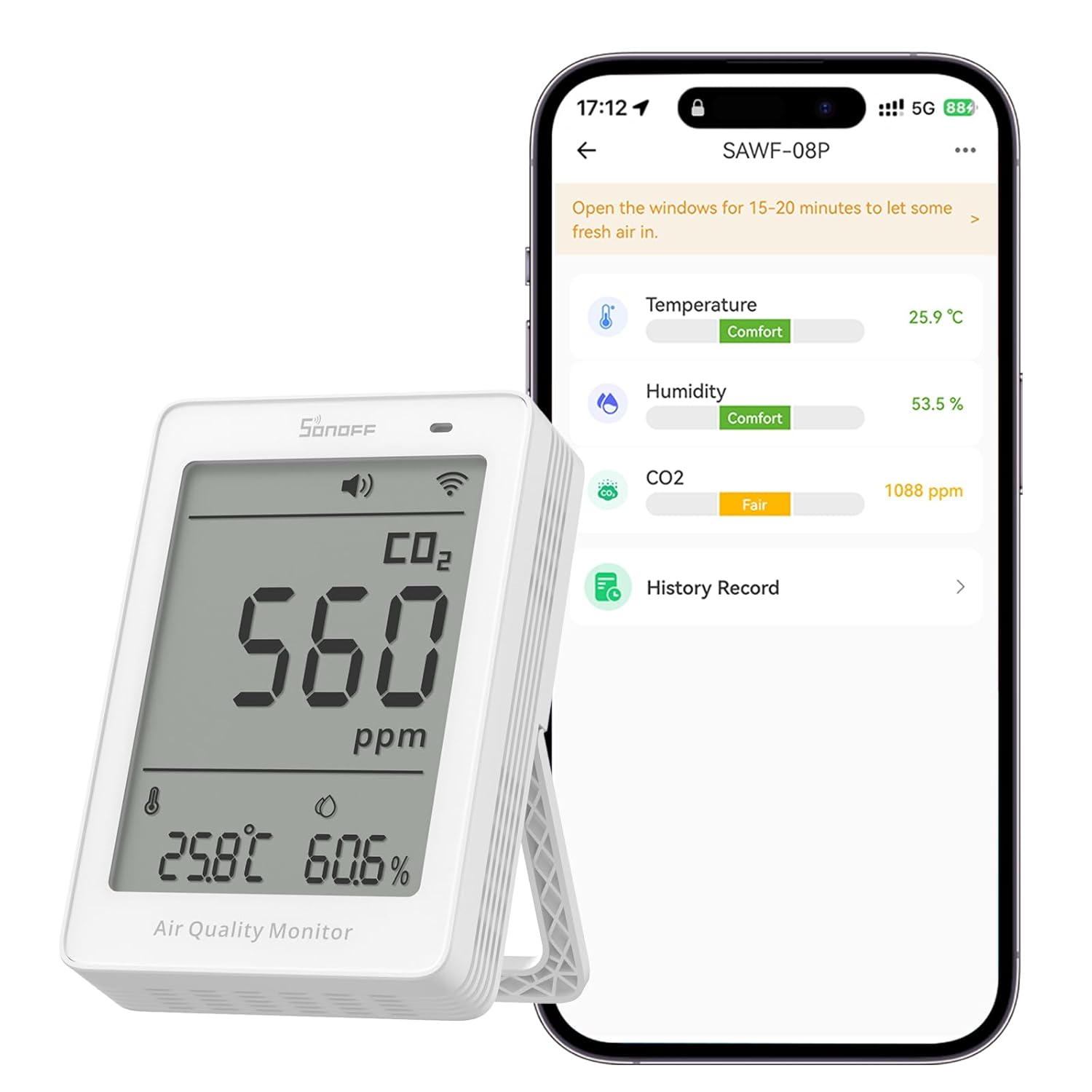 SONOFF AirGuard CO2 Intelligenter Raumluftqualitätsmonitor, Materie-kompatibel, 2,4-GHz-WLAN, CO2-/Temperatur-/Feuchtigkeitsdetektor, Echtzeitanzeige und Alarm für Schlafzimmer/Kinderzimmer