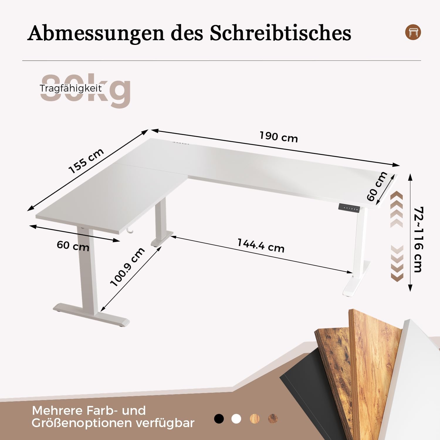 Klicelor L-förmiger elektrischer Schreibtisch, höhenverstellbar, 190 x 155 cm, L-förmiger Stehschreibtisch mit 3 Memory-Funktionen und Antikollisionstechnologie, ergonomischer Computertisch, weiß – Bild 2