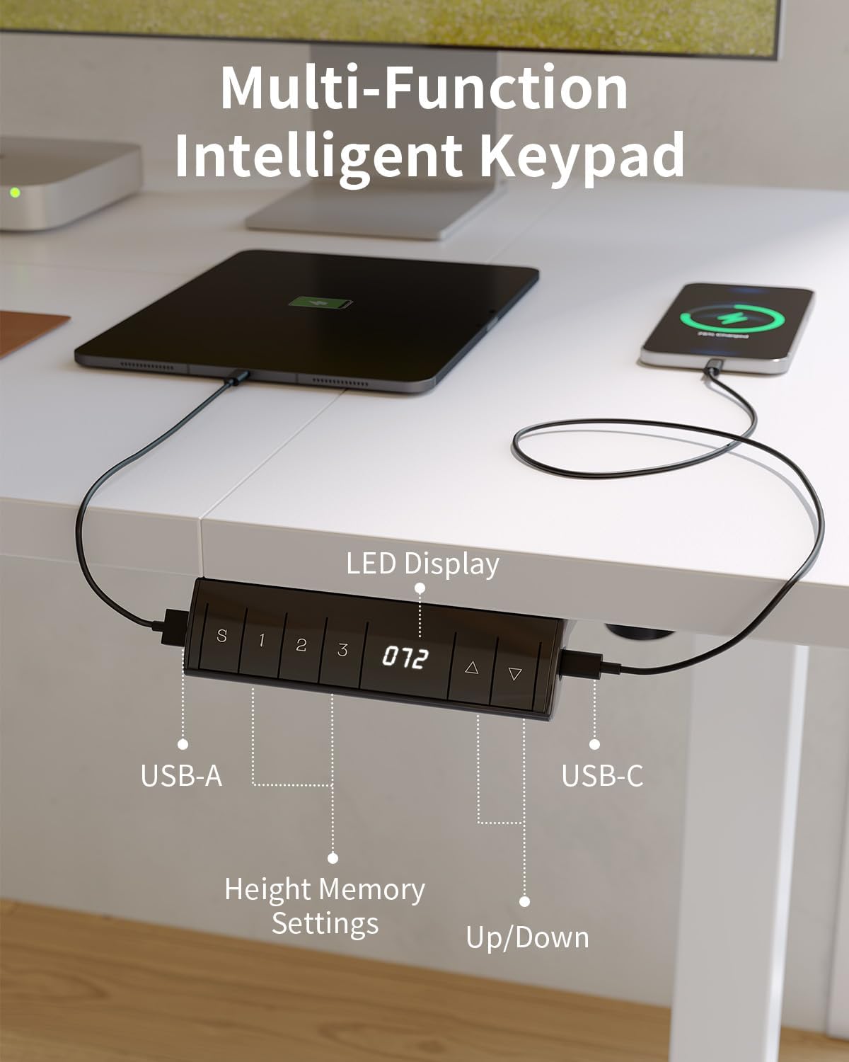 FEZIBO Höhenverstellbarer Schreibtisch mit USB-A- und USB-C-Ladeanschlüssen, 120 x 60 cm Schreibtisch, höhenverstellbar, elektrisch, ergonomischer Stehsitztisch für Home Office, Stehpult, Weiß – Bild 5