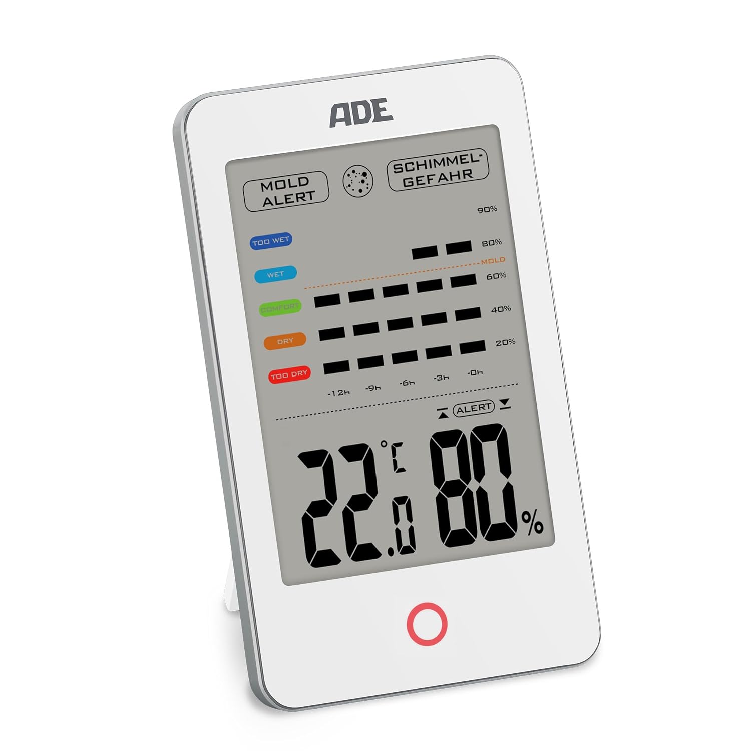 ADE Digitales Hygrometer für den Innenbereich mit Schimmelalarm | Feuchtigkeitsmesser mit Thermometer | Temperatur- und Luftfeuchtigkeitsmesser | Großes LCD-Display | Weiß