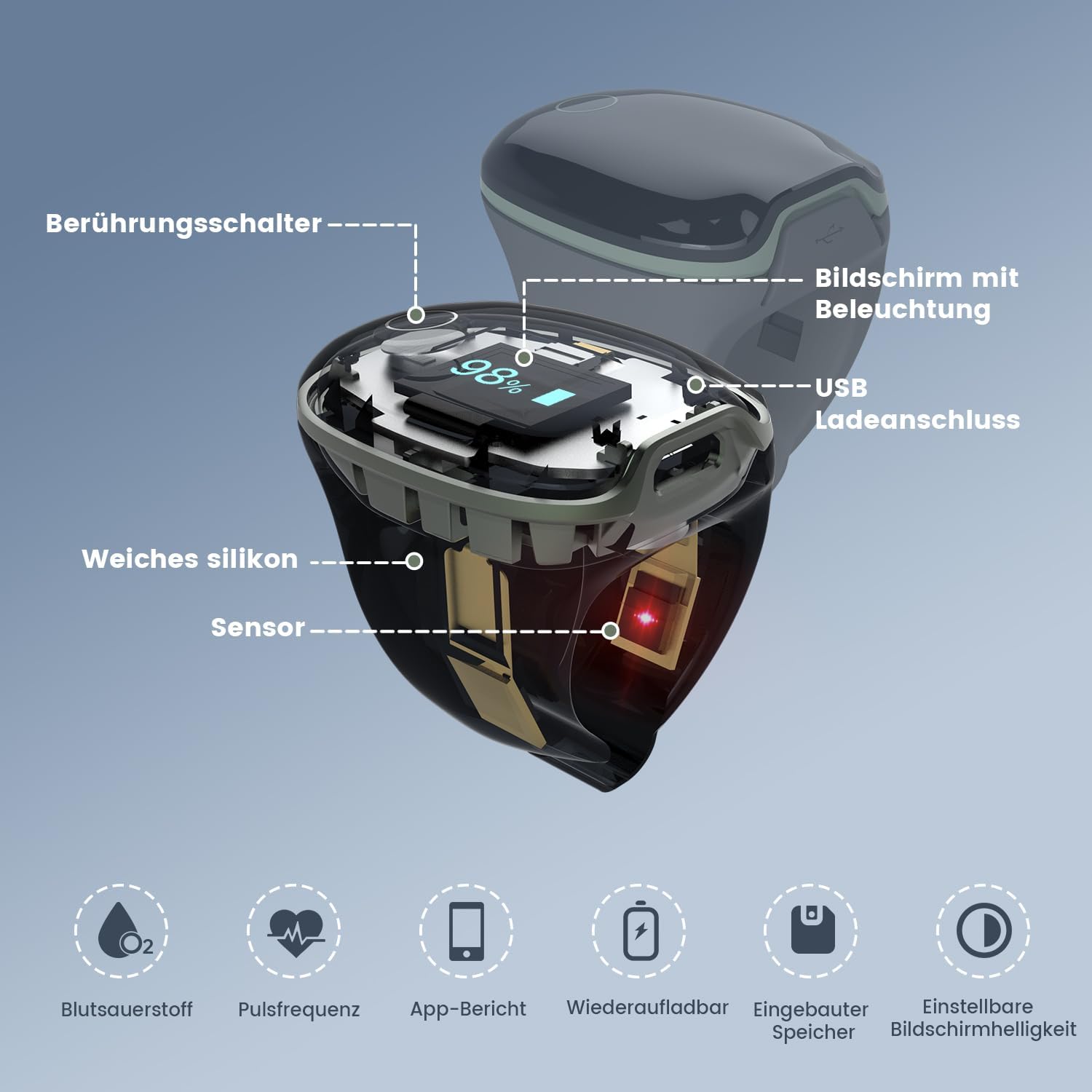 ViATOM O2ring Bluetooth Oximeter, Pulsoximeter Fingertip für kontinuierliche Überwachung Nachts, Schlafoximeter zur Messung von SpO2 & Herzfrequenz (Erweiterte Funktionen) – Bild 2