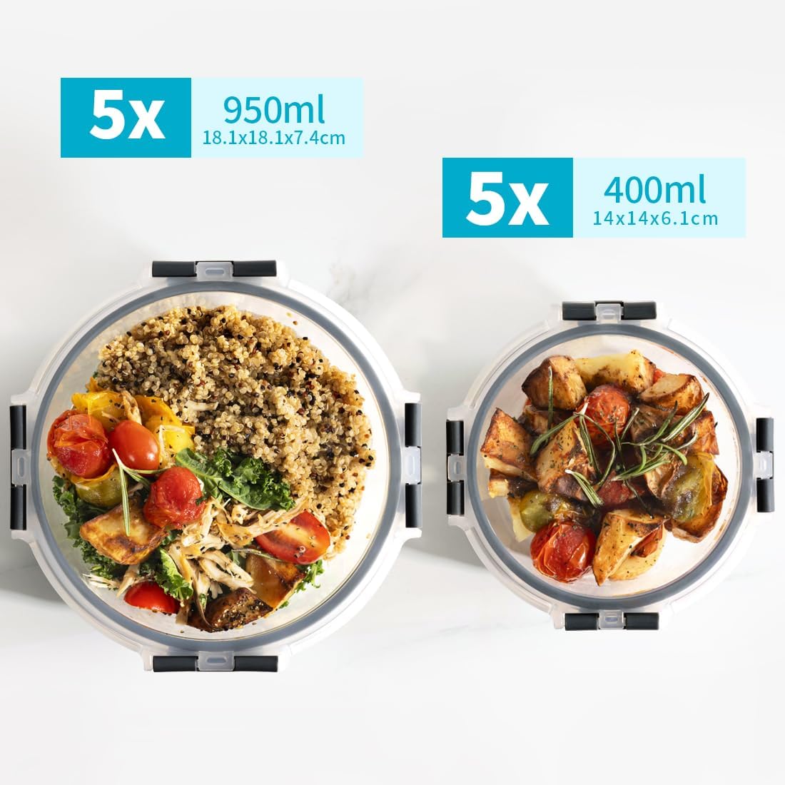 Igluu Meal Prep runde Frischhaltedosen aus Glas mit BPA-freien Deckeln (10 Stück) – mikrowellen-, ofen-, gefrierschrank-, spülmaschinenfest, auslaufsicher – 400 und 950 ml – robustes Borosilikatglas – Bild 2