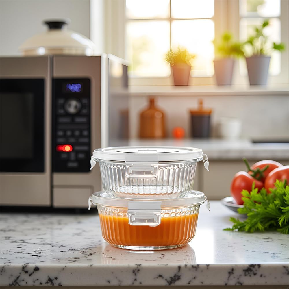 H.JSS WDJS 4 Stück kleine runde Meal-Prep-Boxen aus Glas, runde Glasbehälter mit Deckel, BPA-frei, kleine Meal-Prep-Gläser für Mikrowelle, Gefrierschrank und Spülmaschine, ideal für Suppe, Mittagessen (weiß-370 ml) – Bild 7