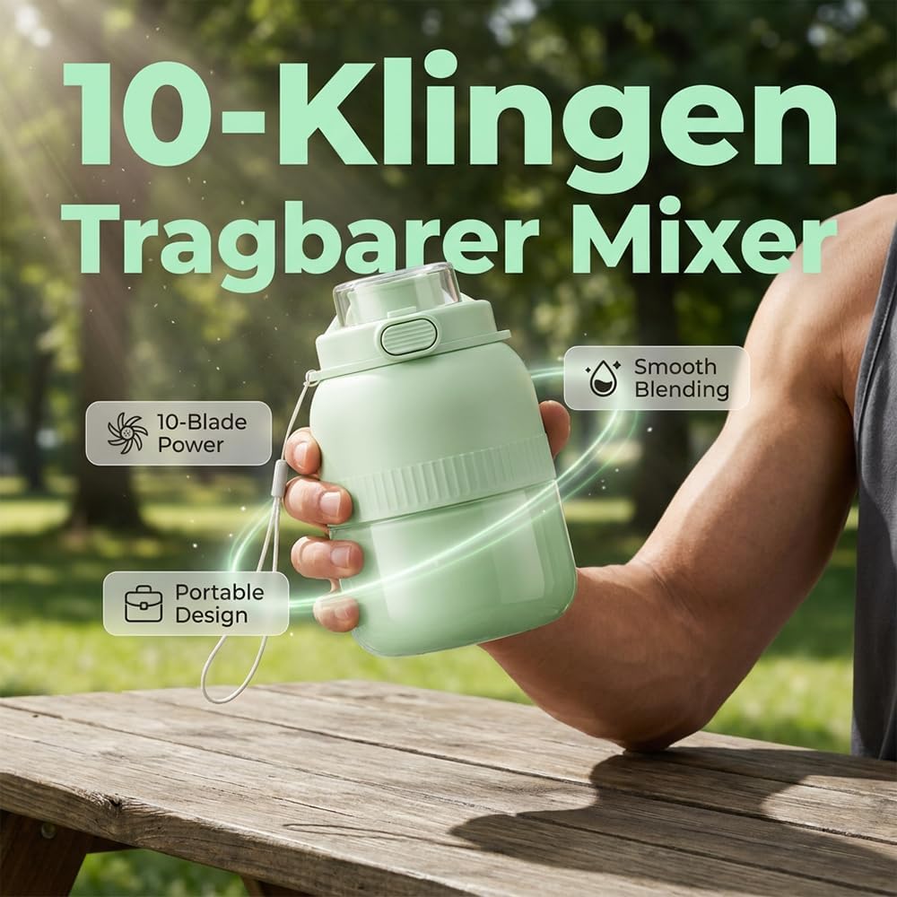 Tragbarer Mixer, 500 ml Fresh Juice Mixer Flasche, Smoothie Maker mit 10 Klingen, Smoothie Maker to Go, Kabellos USB Wiederaufladbarer Mini-Mixer, für Reise Büro Sport Fitness Küche (Doppeldeckel 1 Stück) – Bild 3