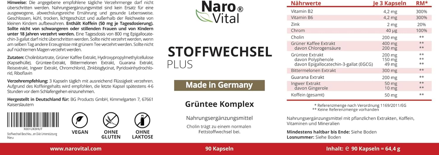 Stoffwechselbeschleunigender Schlankheitskomplex – hochdosiert mit grünem Tee, grünem Kaffee, Bittermelone, Guarana, Cholin und Ingwer – 90 vegane Stoffwechselkapseln – Tabletten zur Diätunterstützung – Bild 8