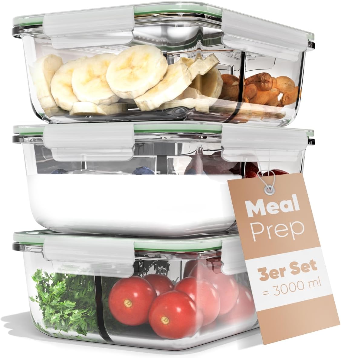 Meal-Prep-Glasboxen mit Fächern | 3er-Set | Glasbehälter mit Deckel | Geeignet für Spülmaschine, Mikrowelle und Backofen | Frischhaltedosen Glas mit Deckel | Gläser mit Deckel C-FHDM 4021 G
