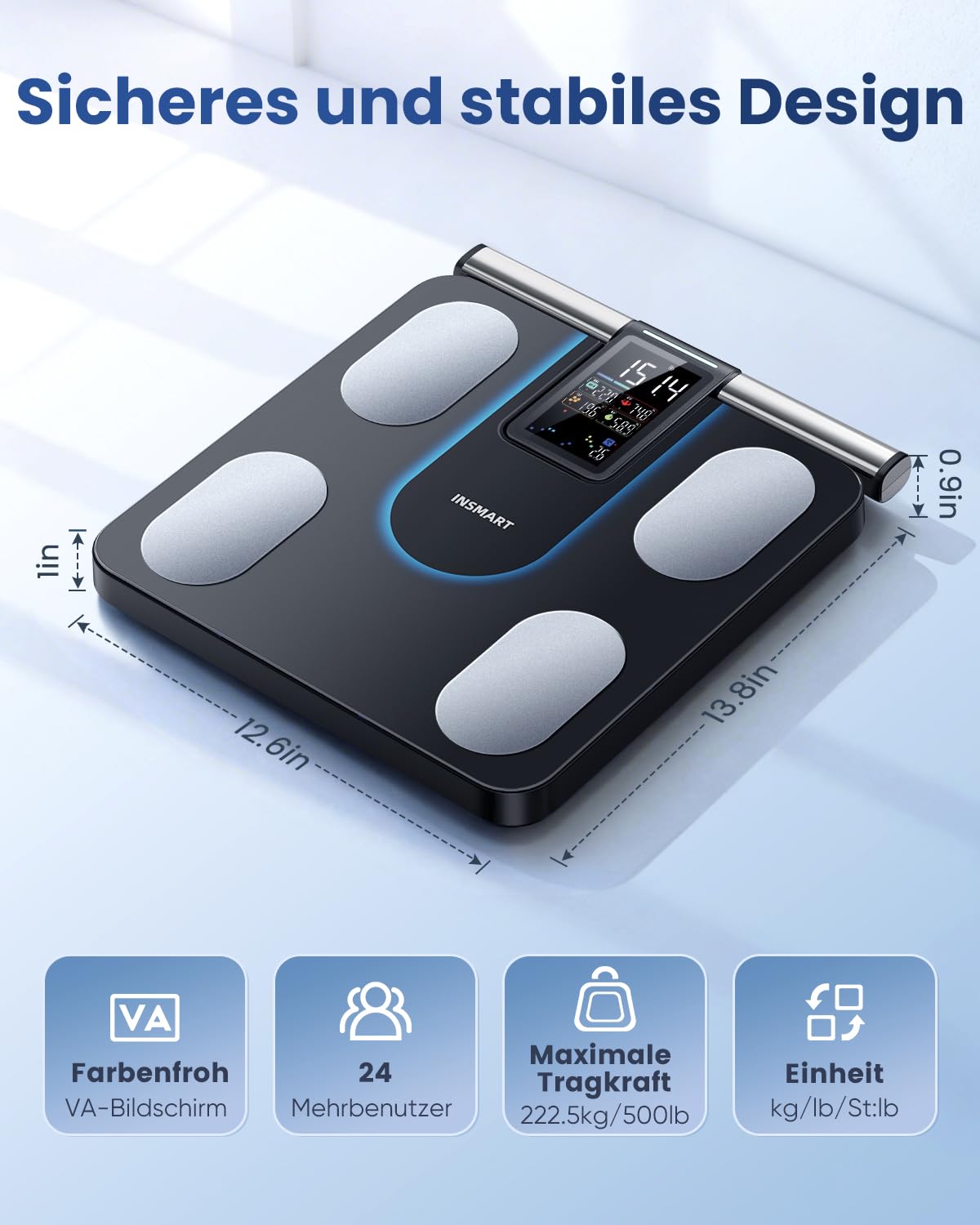 INSMART Körperfettwaage, 8 Elektroden, digitale Personenwaage, misst 56 Körperparameter, einschließlich BMI, Körperfett und Muskelmasse, VA-Farbdisplay und einziehbarer Griff, maximale Tragfähigkeit 227 kg – Bild 8