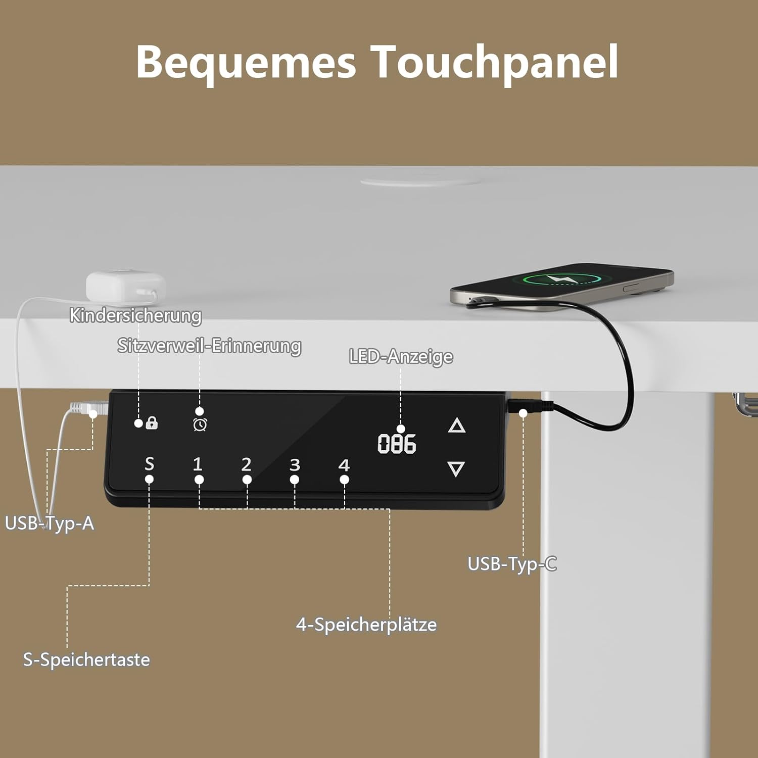 TRIUMPHKEY Höhenverstellbarer Schreibtisch, 160 x 80 cm, elektrischer Stehpult mit Dual-Motor, Touchscreen, USB-A & Kabelmanagement, 25 mm einteilige Tischplatte, ergonomischer Bürotisch, Weiß – Bild 3