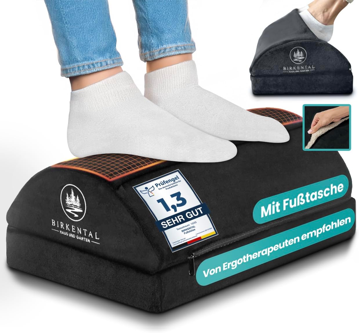 Birkental Fußstützen-Schreibtisch – (Testsieger) mit flauschiger Fußtasche – ergonomische höhenverstellbare, rutschfeste Fußstütze – Büro- und Schreibtischzubehör für Komfort – Fußhocker
