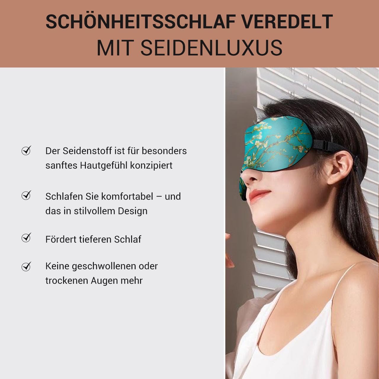 Schlafmaske aus 100 % Maulbeerseide mit Reisetasche. Beidseitig echte 19 Momme Seide, verstellbare Augenmaske für Frauen, grün geblümt – Bild 5