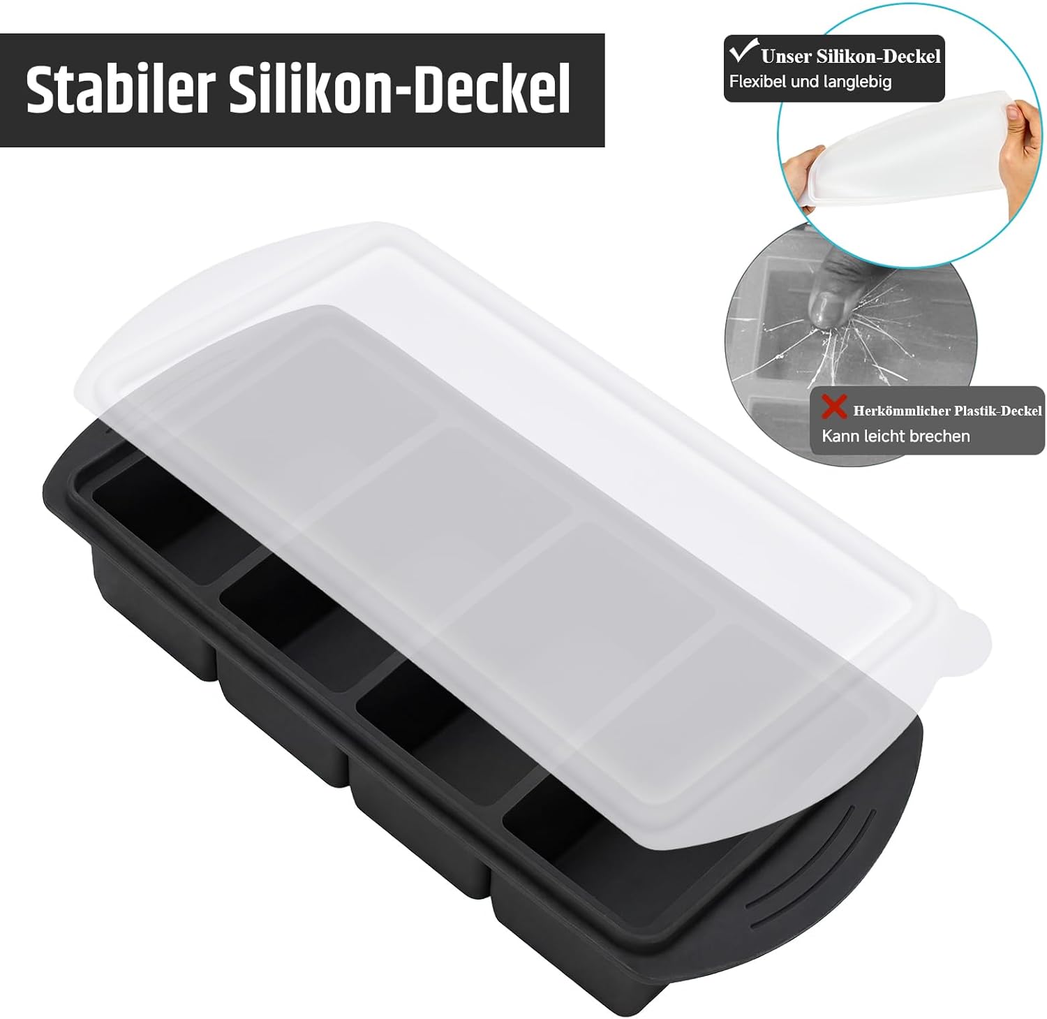 Silikon-Gefrierform mit Deckel-Set (2 + 4 Fächer) – Gefrierbehälter & Schaufel mit Skala 250–500 ml für Suppe, Saucen & Essenszubereitung, auch als Eiswürfelform verwendbar, BPA-frei, stapelbar (schwarz) – Bild 6