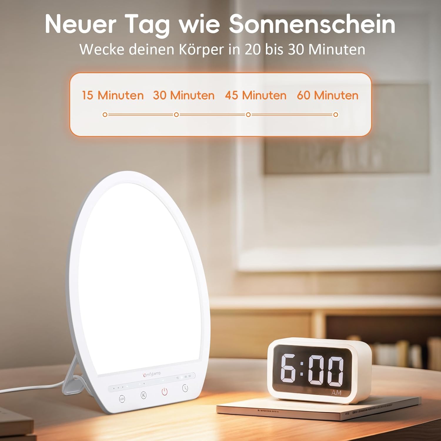Comfytemp Tageslichtlampe für Schreibtisch, 16.000 Lux, Sonnenlichtlampe, UV-freie Lichttherapie, 19 x 24 cm, Simulation von Tageslicht zur Verbesserung der Schlafstimmung, Konzentration mit Memory-Funktion – Bild 7