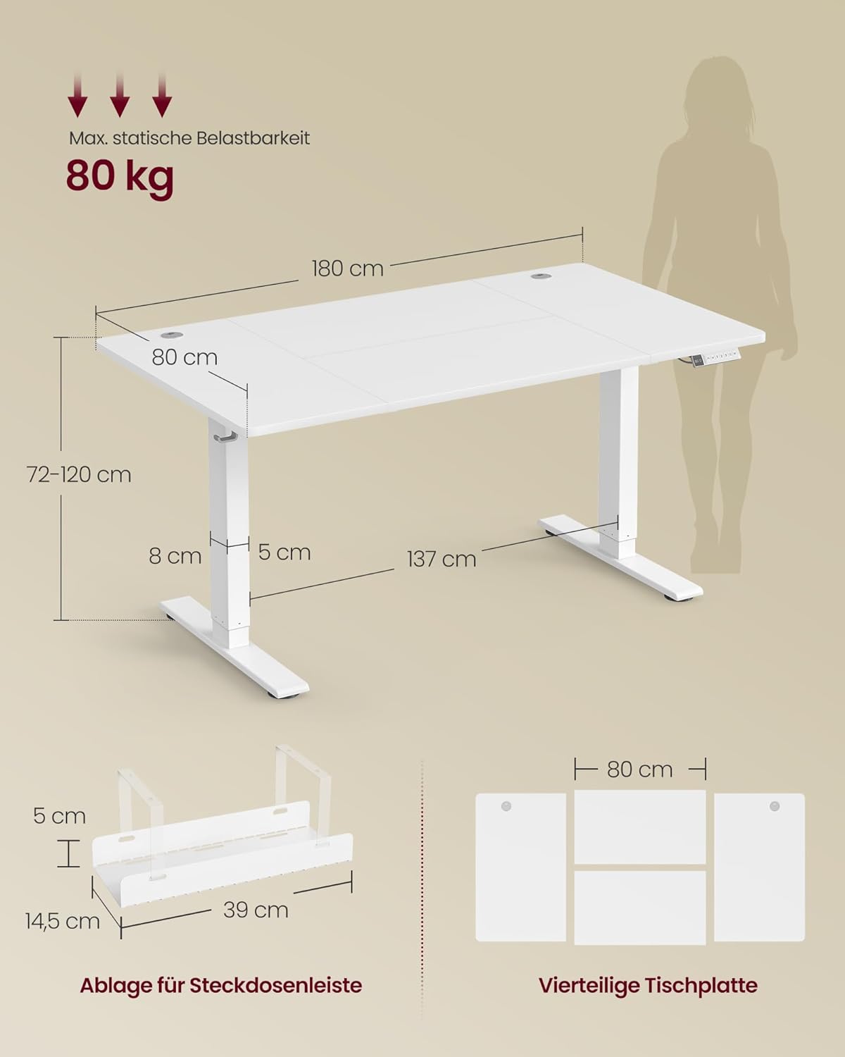 VASAGLE höhenverstellbarer Schreibtisch, 140 x 80 cm, USB-C-Anschluss, Steckdosenleiste, Stehtisch, Erinnerung an langes Sitzen, 3 Speichertasten, für Büro, mattweiß LSD144WZ02 – Bild 3