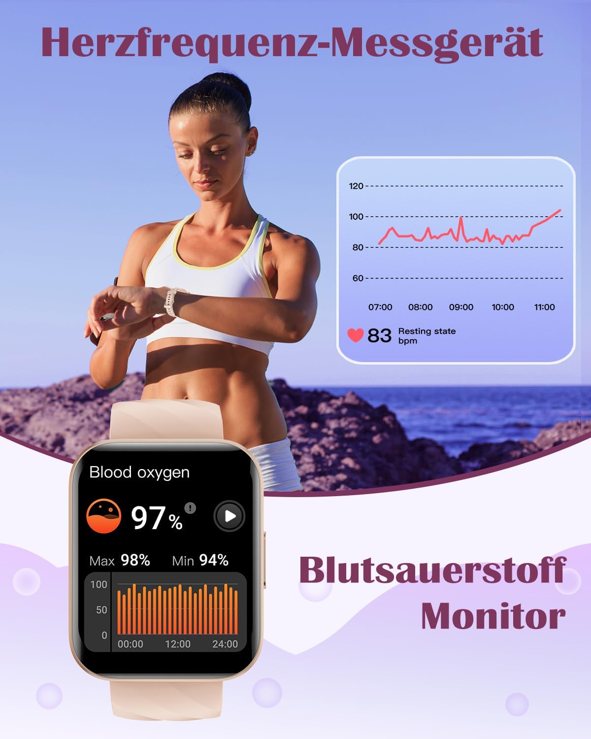 RUIMEN Smartwatch für Damen und Herren, Bluetooth-Anruffunktion, 1,85-Zoll-Fitnessuhr mit über 100 Sportmodi, SpO2-Herzfrequenzmesser, Schlafmonitor, Schrittzähler, IP68 wasserdicht, AI-Sprachassistent für Android iOS-Handy – Bild 4