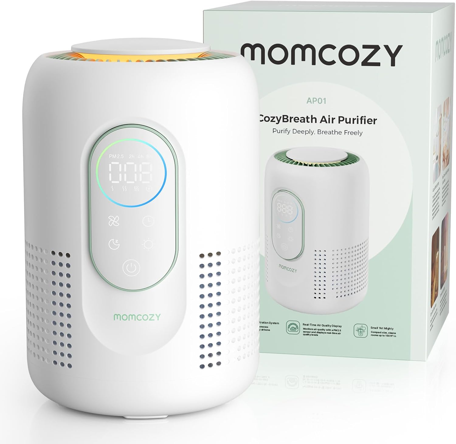 Momcozy Kinderzimmer-Luftreiniger, 4-Filtersystem mit H13-HEPA- und Aktivkohlefilter, PM2,5-Luftqualitätsüberwachung und -Anzeige in Echtzeit mit 3-Farben-Status, 21 dB Schlafmodus