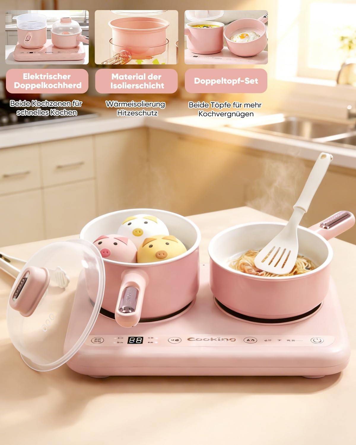 Elektrischer Hot Pot Mini-Multikocher mit Doppelkochfeld – elektrischer Kochtopf mit Dampfgarer und Suppentopf, für Eintopf und Suppen, kompakt, leicht zu reinigen (Rosa) – Bild 4