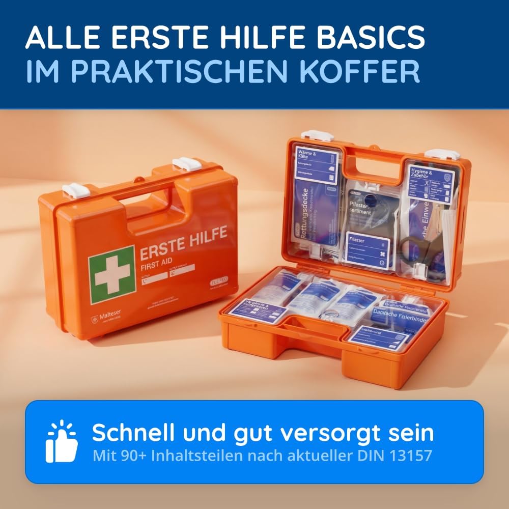 Erste-Hilfe-Koffer für Unternehmen, Inhalt nach DIN 13157, orange, gefüllter Erste-Hilfe-Kasten mit Wandhalterung – Bild 3
