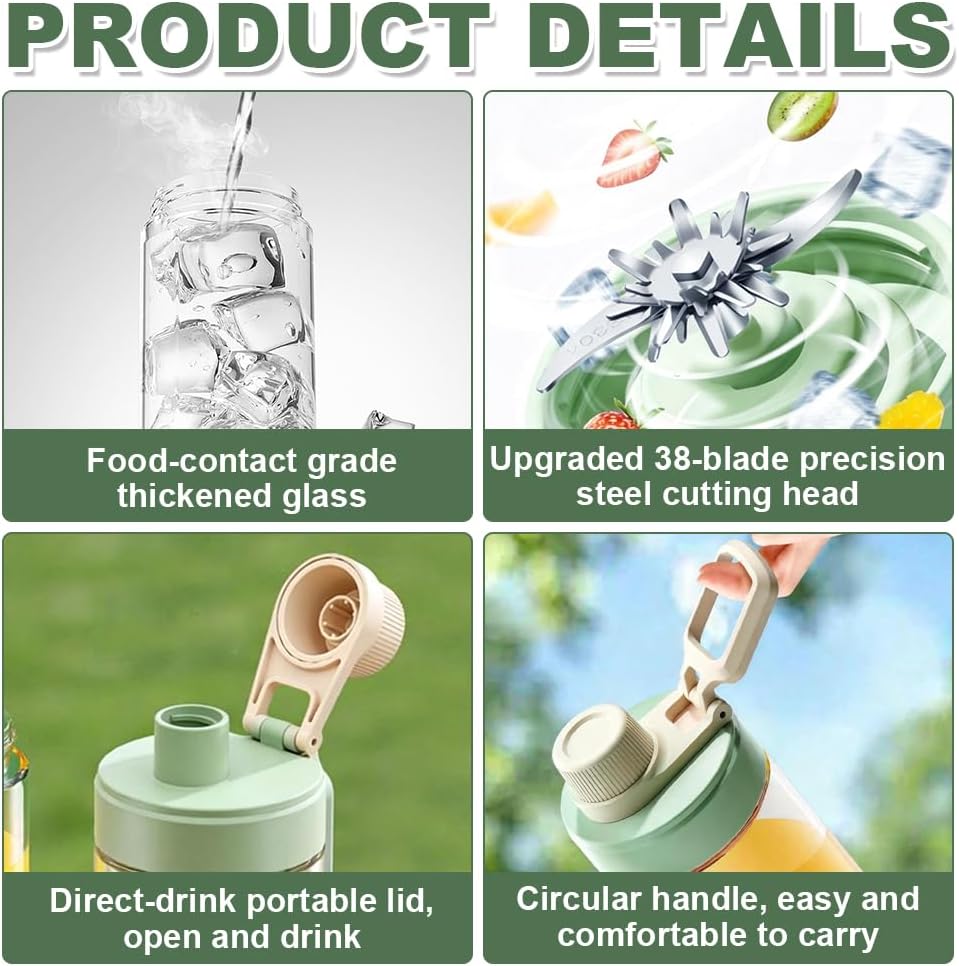 Frische Saft-Mixer-Flasche, TGKYK 450 ml tragbarer Mixer Smoothie Maker mit Bürsten, 38 Klingen, USB-Aufladung, tragbarer Entsafter für unterwegs für Säfte, Milchshakes, Smoothies (grün) – Bild 3