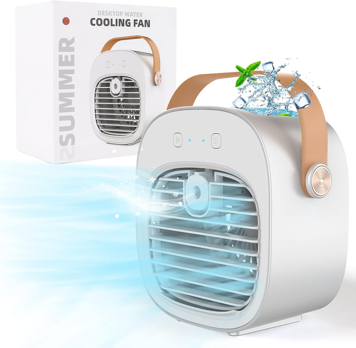 Tragbarer Luftkühler, Mini-Klimaanlage, kleiner 2-in-1-Verdunstungskühler mit Griff/Luftbefeuchter/3 Geschwindigkeiten, Desktop-Eiswürfel-Lüfter für Büro und Schlafzimmer