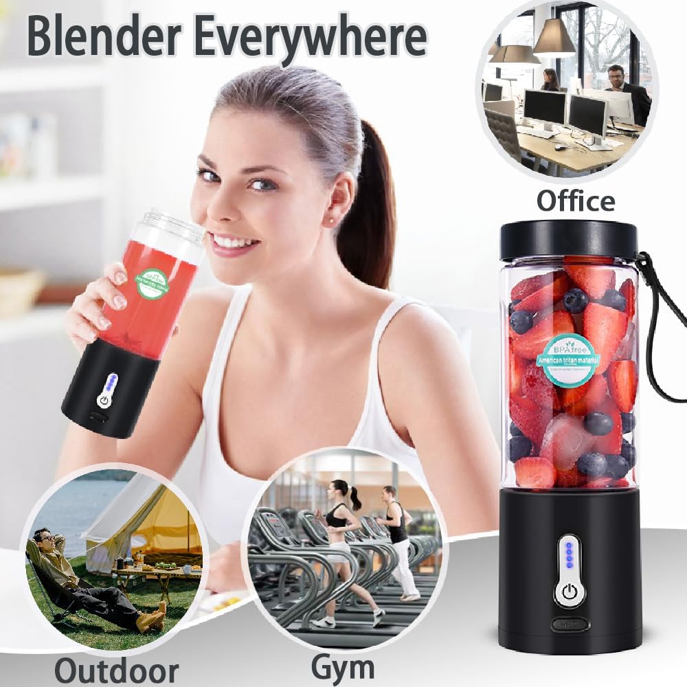 Tragbarer Mixer, Smoothie Maker to Go für Shakes und Smoothies mit 6 scharfen Klingen, USB wiederaufladbarer Mini-Entsafter, BPA-frei, tragbarer Entsafter für Fitnessstudios, Büro, Reisen (schwarz) – Bild 3