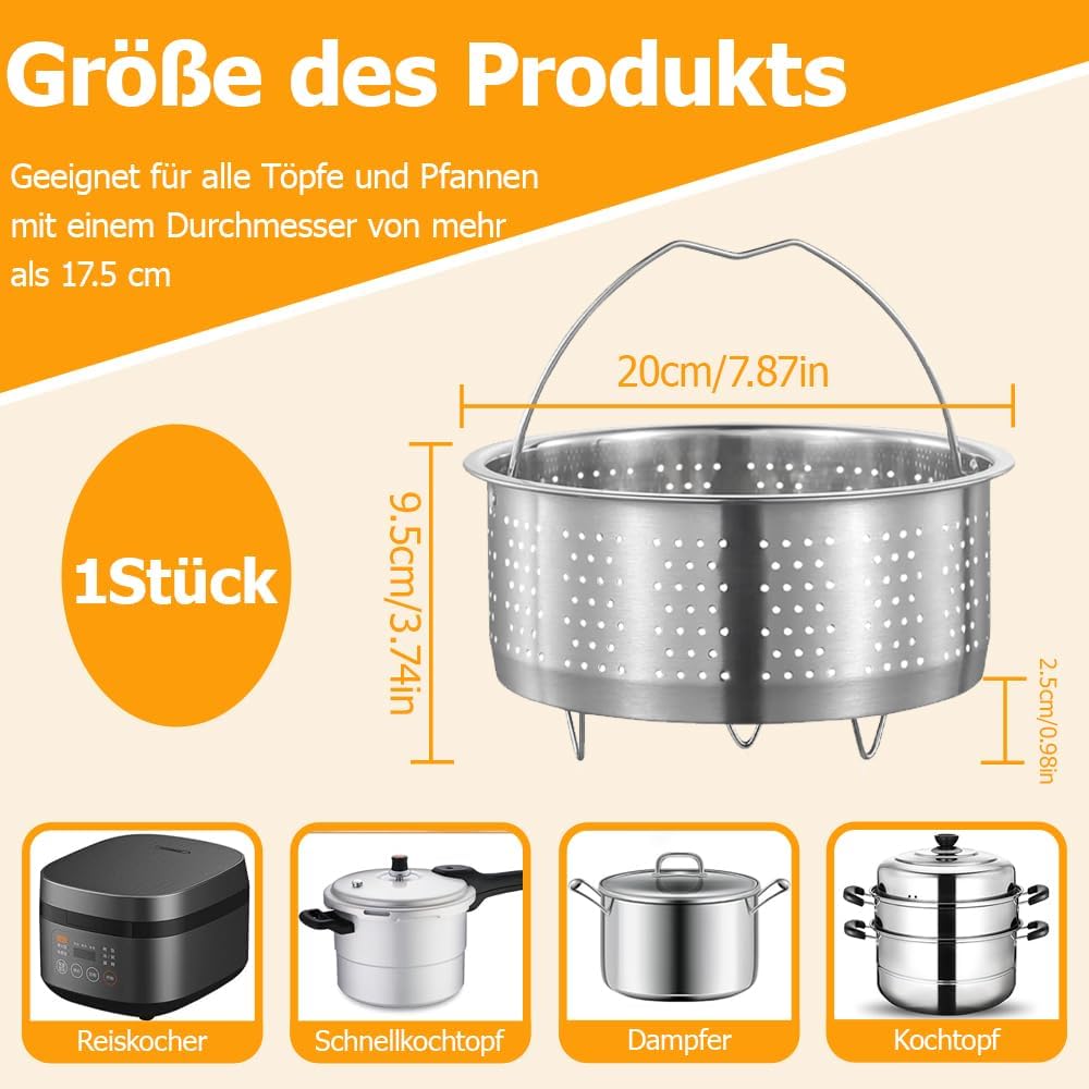 20 cm Dampfgareinsatz aus Edelstahl 304, Dampfgareinsatz für Topf, Dampfgareinsatz für Topf, Siebeinsatz für Töpfe, Kochtöpfe, Schnellkochtopf, Dämpfen von Gemüse, Obst, Eiern – Bild 2