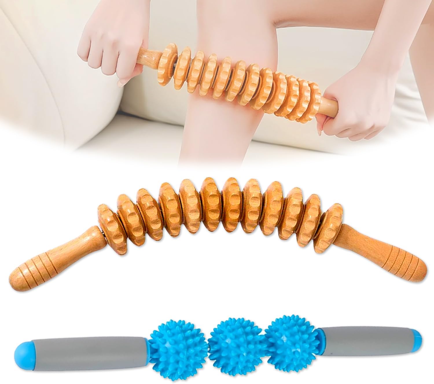 Massageroller Stick & Faszienrolle Holz, Massagestab zur Faszienmassage und Muskelentspannung, Massagegerät für Rücken, Nacken, Beine und Muskelregeneration (A)
