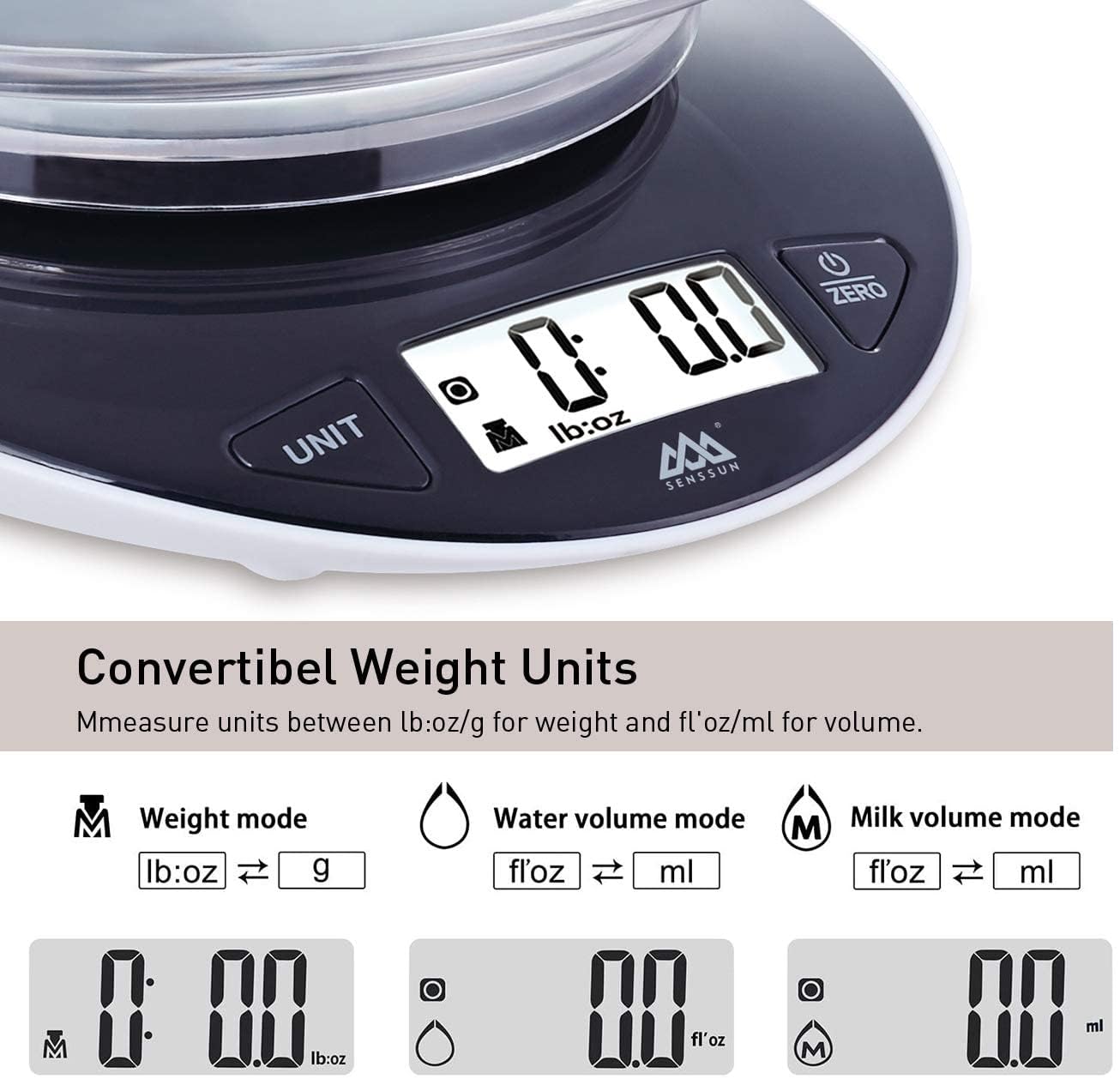 Digitale Küchenwaage, elektronische Waage mit abnehmbarer Schüssel, 5 kg/11 lb, präzise Waage bis 1 g, mit großem LCD-Display und Tara-Funktion, Schwarz – Bild 4