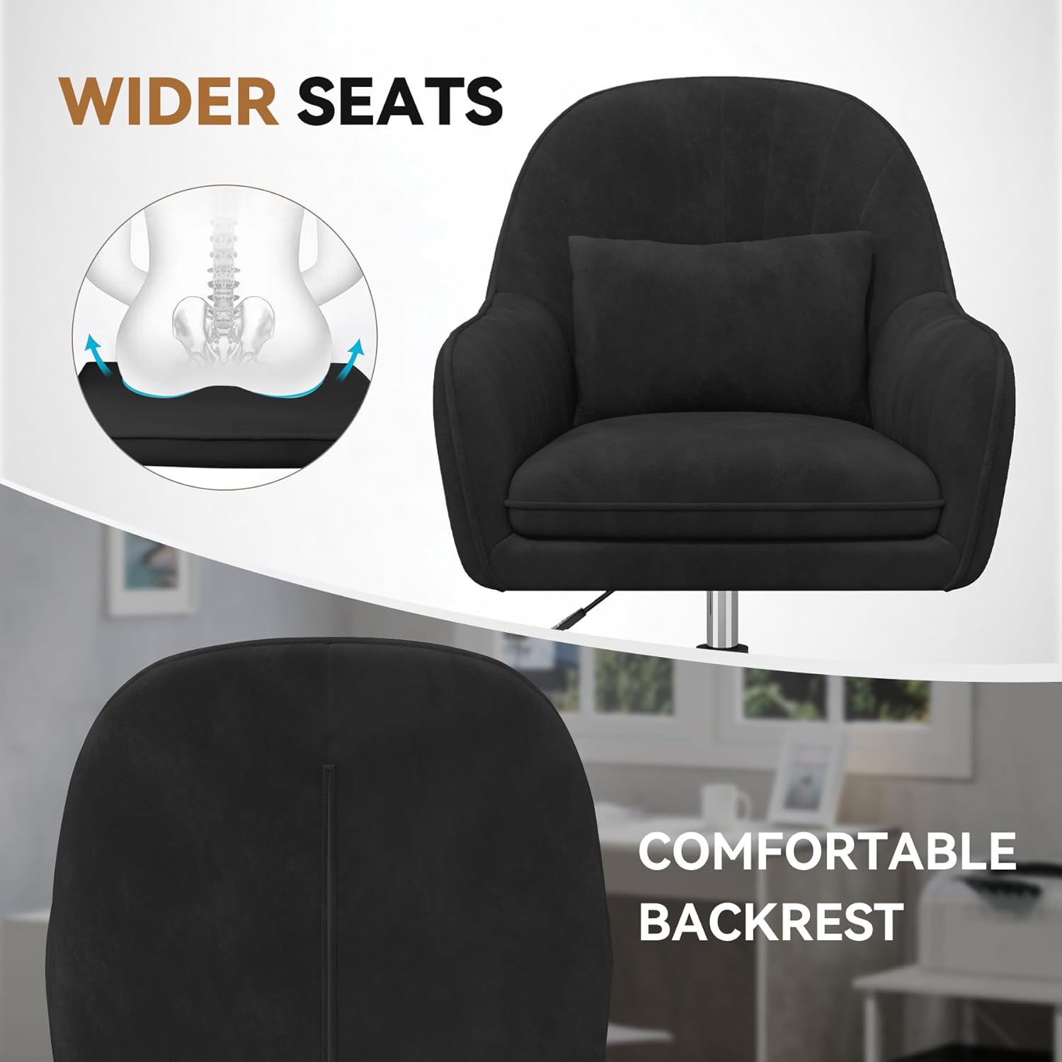Home-Office-Stuhl, Samtstuhl mit Kissen, 360° drehbar, höhenverstellbarer Bürostuhl, ergonomisch, Schminkstuhl, Drehstuhl, für Arbeitszimmer, Schlafzimmer, maximale Belastung 120 kg, Schwarz – Bild 4