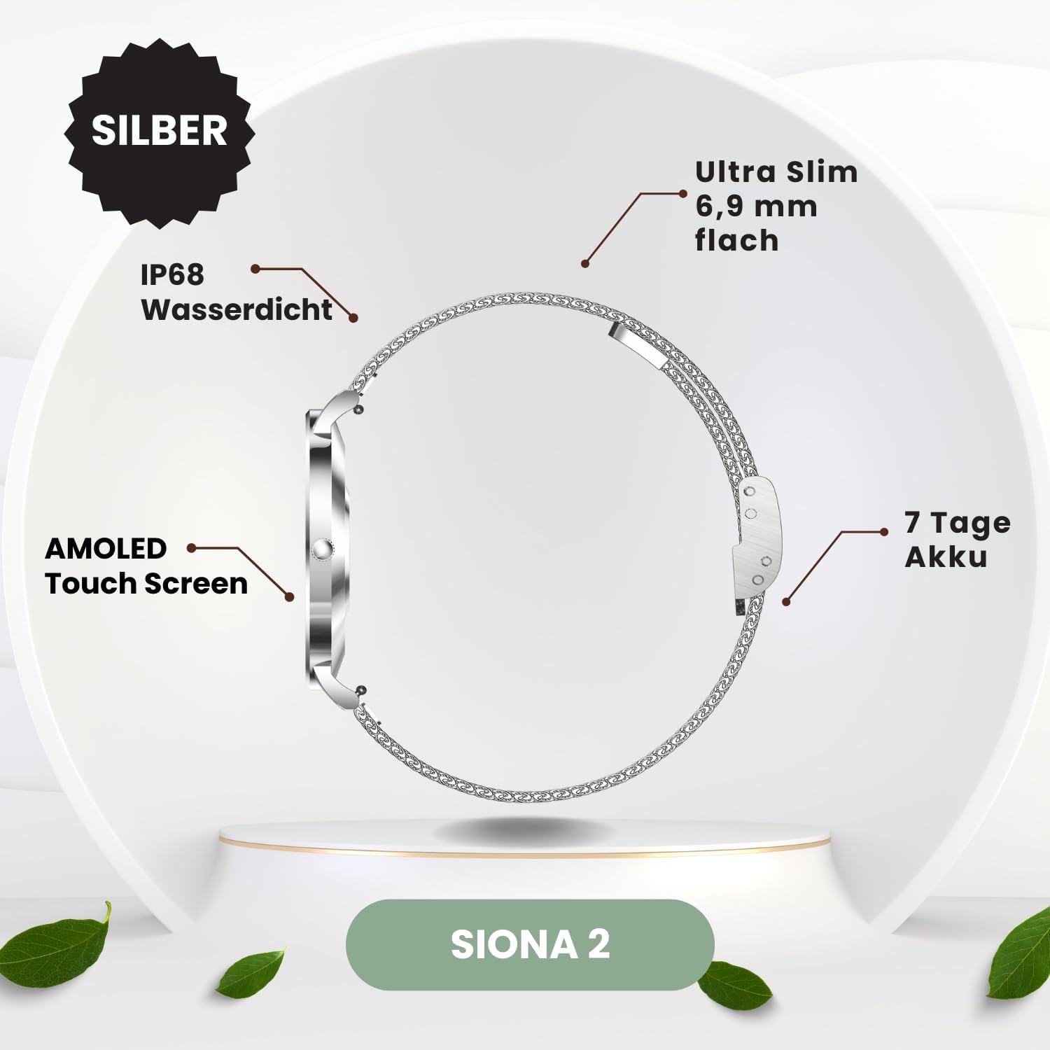 XCOAST SIONA 2 Damen Smartwatch Silber – Feinmaschiges Armband, AMOLED-Display, Fitnessuhr mit Herzfrequenz, Blutdruck & SPO₂, 21+ Sportmodi, IP68 wasserdicht, 7 Tage Akku, Android & iOS – Bild 2