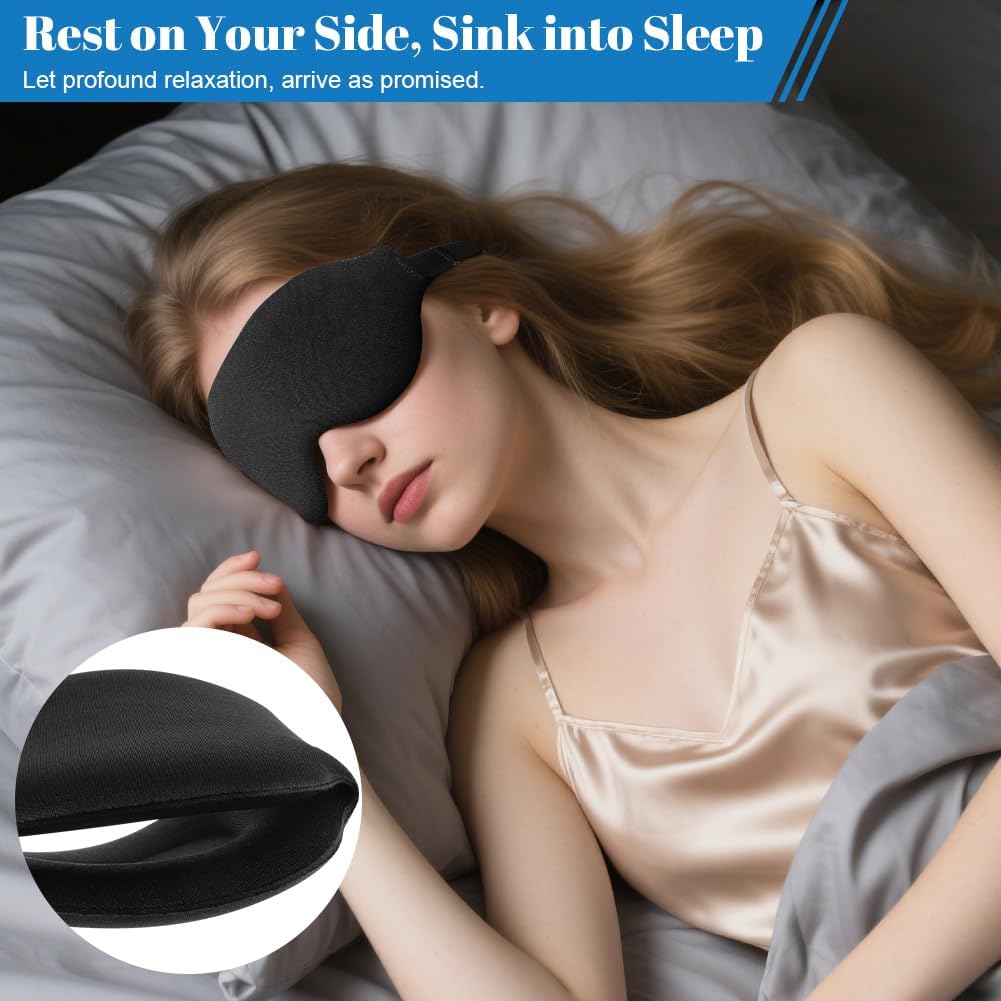 Schlafmaske für Seitenschläfer, 2er-Set, 3D-Lichtblockierung, atmungsaktive und bequeme Augenmaske mit verstellbarem Gummiband für Damen und Herren, Reise-Ohrstöpsel, Schwarz – Bild 6